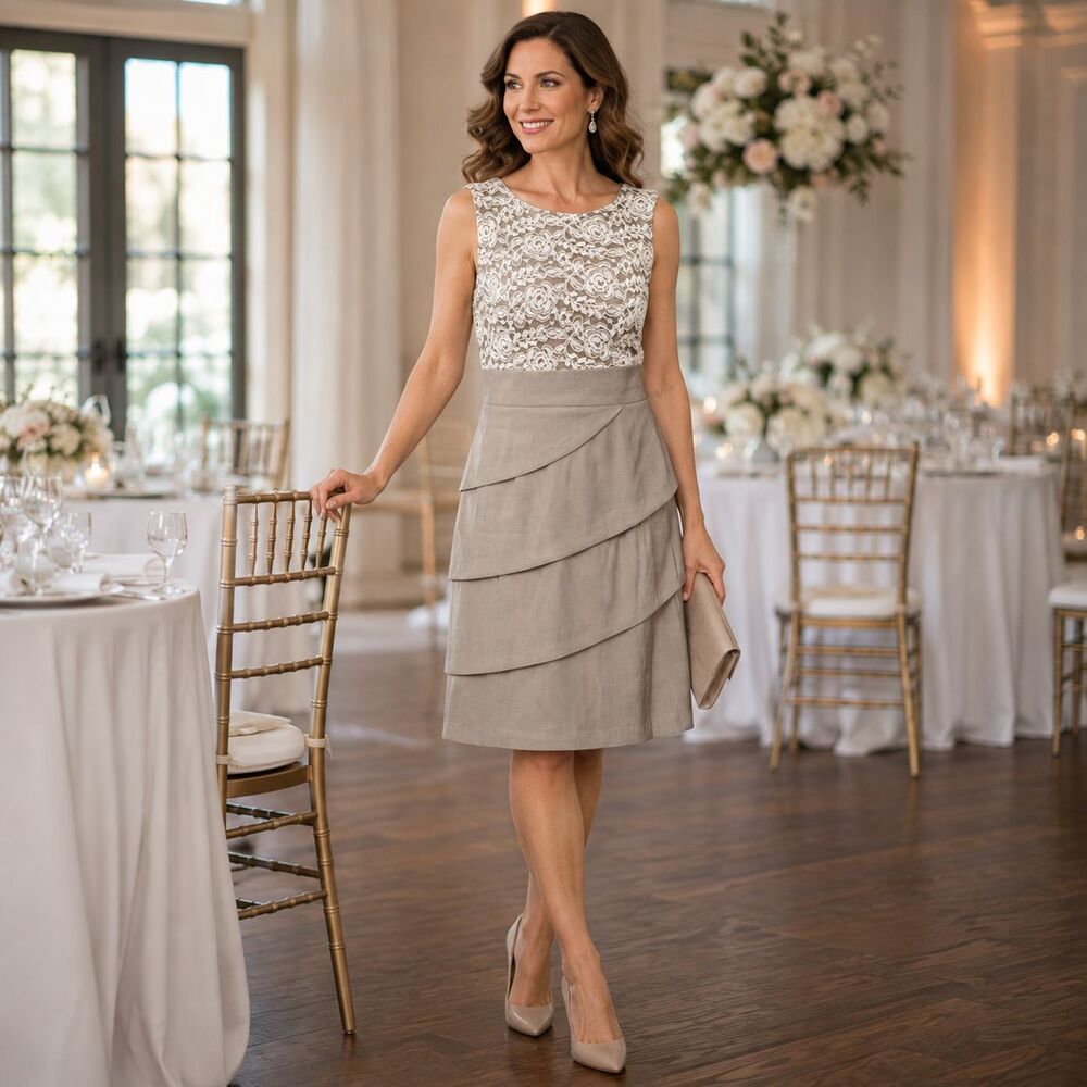 Lace Cocktail Dress Connected Apparel Floral Tiered Taupe Wedding Guest 10